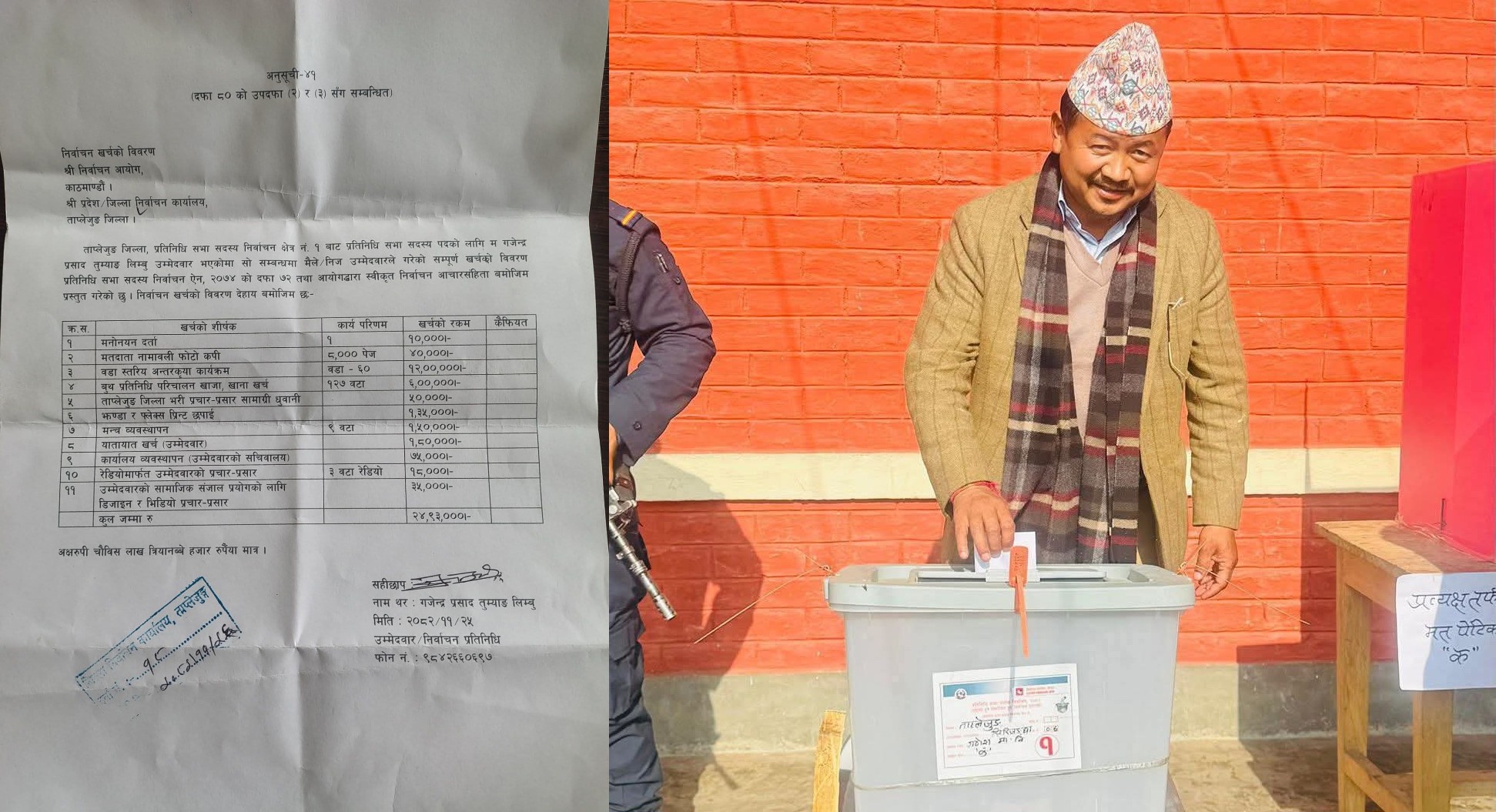 प्रतिनिधि सभा उम्मेदवार तुम्याहाङद्वारा २४ लाख ९३ हजार खर्च विवरण सार्वजनिक